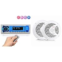 Pyle Marine Bluetooth Stereo Radio - 12v Single DIN Style Boat In dash Radio Receiver System with Built-in Mic, Digital LCD, RCA, MP3, USB, SD, AM FM Radio - Remote Control - PLMRB29W (White) and Pyle 6.5 Inch Dual Marine Speakers - 2 Way Waterproof and Weather Resistant Outdoor Audio Stereo Sound System with 150 Watt Power, Polypropylene Cone and Cloth Surround - 1 Pair - PLMR60W (White)