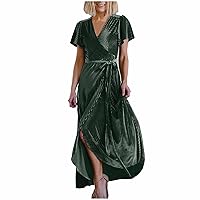 Summer Women Casual Dress Wrap V Neck Asymmetric Split Hem Ribbed Tie Belted Sexy Plus Size Loose Fit Flowy Dress