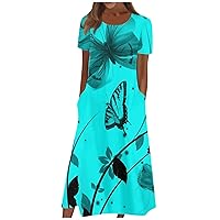 Sundresses for Women 2024,Women's Casual Dresses Summer Dresses Beach Pleated Round Neck Midi Dresses Basic Classic