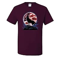 American Wolf Howling at The Moon USA United States Flag Patriotic Mens T-Shirts, Maroon, X-Large