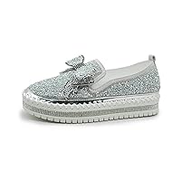 Women's Fashion Slip-On Sneakers, Rhinestones Glitter Sneaker for Women, Platform Loafers Cute Bowknot Flat Casual Shoes for Girls