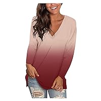 Long Sleeve Shirts for Women, Summer Fashion Ombre V Neck Sweatshirt Sexy Ladies Daily Casual Loose Fit Basic Tops