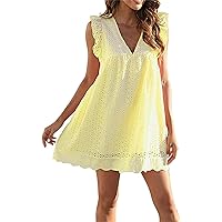 Elegant Lace Hollow Dress with Pockets and Built in Shorts,Sexy Summer V Neck Dress,Ruffle Casual Beach Party Dresses