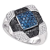 The Diamond Deal 10kt White Gold Womens Round Blue Black Color Enhanced Diamond Square Cluster Ring 7/8 Cttw