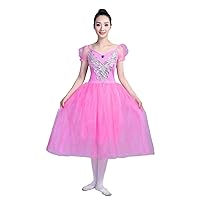 Women Girls Ballet Dance Dress Spandex Bodice Puff Sleeve Floral Sequined Embroidery Tulle Dance Tutu Skirt