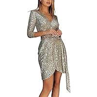 Womens Deep V Neck Sequin Dresses 2024 Long Sleeve Cocktail Party Mini Dress Tie Waist Glitter Sparkly Wrap Dress