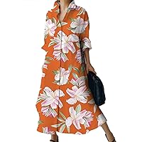 Linen Dresses for Women 2024 Button Lapel V Neck Long Sleeve Shirt Dess Floral Plus Size Formal Casual Blouse Dress