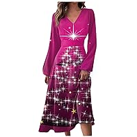 Women's Elegant Dresses Autumn and Winter Casual Fashion V-Neck Long Sleeve Christmas Print Dress, S-2XL