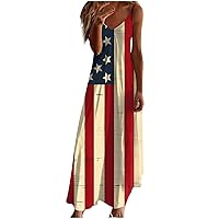 Women's 4th of July Maxi Sundress American Flag Sleeveless Beach Dress Summer Spaghetti Straps Long Flowy Dresses