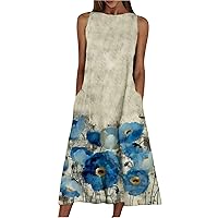 Women's Bohemian Sleeveless Knee Length Flowy Swing Round Neck Glamorous Dress Beach Casual Loose-Fitting Summer Print