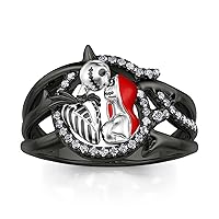 Gothic Skull Diamond Rings: Sterling Silver Jack and Sally Skeleton Rings Band Halloween Romantic Nightmare Jewelry for Her Teen Girls Engagement Anniversary Christmas with Gifts Box