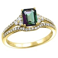14k Yellow Gold Diamond Halo Genuine Mystic Topaz Engagement Ring Split Shank Octagon 7x5mm, size 5