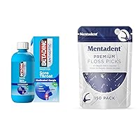 Sore Throat Gargle with Povidone-Iodine and Mentadent 150 Count Double Thread Floss Picks with Toothpicks
