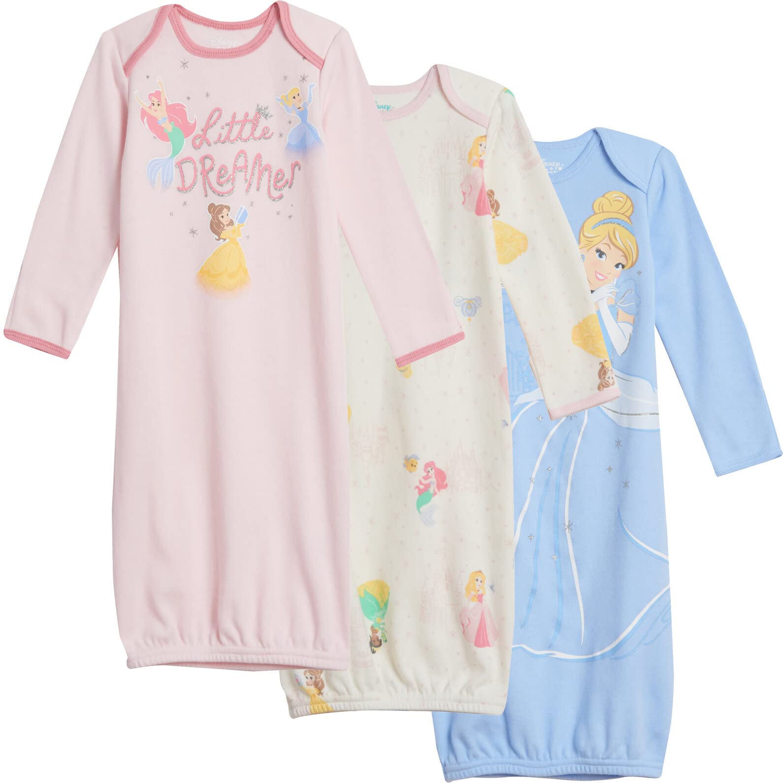 Disney Princess Cinderella Ariel Belle Tiana Princess & The Frog Baby Girls 3 Pack Long Sleeve Swaddle Sleeper Gowns Newborn