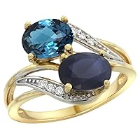 14K Yellow Gold Diamond Natural London Blue Topaz & Quality Blue Sapphire 2-stone Ring Oval 8x6mm, sz5-10