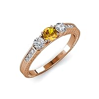 Citrine and Diamond Milgrain Work 3 Stone Ring with Side Diamond 0.80 ct tw in 14K Rose Gold