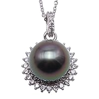 JYX Black Pearl Necklace Pendant AAA Quality 11mm Round Black Tahitian Cultured Pearl Pendant Necklace for Women 18''