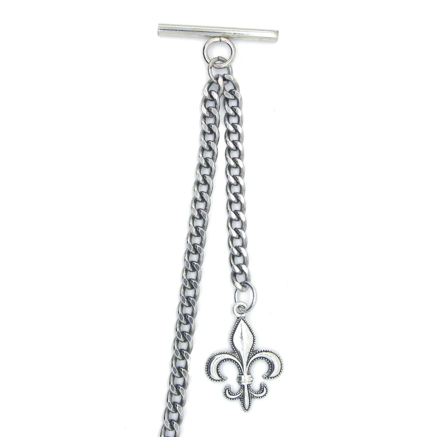 Albert Chain Silver Color Pocket Watch Chains for Men with Fleur-de-lis Emblem Fob T Bar AC49