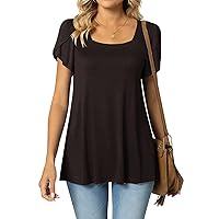 Womens Short Sleeve Tee Shirts Elegant Square Neck Pullover Fashion Solid Color Tunic Loose Comfy Blouse Summer Tops