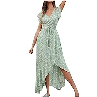 Flutter Sleeve Summer Dresses for Women Boho Style V Neck Wrap Dress Casual Lace Up Waist Slit Dress Vacation Sundress