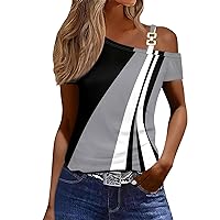 Cold Shoulder Tops for Women Summer Short Sleeve Asymmetrical T-Shirts Metal Buttons Hollow Blouse Color Block Outfits