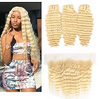 Curly Deep Wave 613 Blonde 3 Bundles with Lace Frontal Closure 13x4 Ear To Ear with Baby Hair Brazilian Deep Wave 613 Blonde with Frontal (30 30 30 with 20)