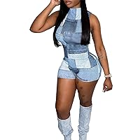 Womens Sexy Sleeveless O Neck Fake Denim Printed Bodycon Shorts Party Clubwear Jumpsuit Rompers