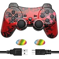Drimoor 2 Pack Wireless Controller for PS3 - Water Transfer Printing Gamepad Joystick Remote Compatible with PS3 Game Console (Red)