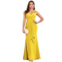 Mermaid Mother of The Bride Dresses for Wedding Cap Sleeves Chiffon Formal Dresses Ruffle Lace Appliques Evening Gown