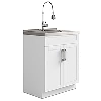 SIMPLIHOME Hennessy Transitional 28 Inch Deluxe Laundry Cabinet with Faucet and Stainless Steel Sink in White, For the Laundry Room and Utility Room