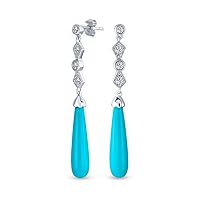 Elegant Long Linear Cubic Zirconia CZ Blue Stabilized Turquoise Elongated Teardrop Chandelier Earrings Western Jewelry For Women .925 Sterling Silver