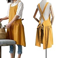NEWGEM Cotton Linen Cross Back Apron for Women with Pockets for Painting Gardening Yellow with Waist Ties