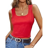 MEROKEETY Women's Sleeveless Cropped Tank Tops Summer Scoop Neck Double Lined Basic Workout Cami Shirts