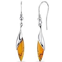 PEORA Genuine Baltic Amber Designer Drop Pendant Necklace and Earrings in Sterling Silver, Rich Cognac Color