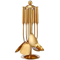Gold Kitchen Utensils Set with Stand – 7 Piece 304 Stainless Steel Brass Cooking Tools with Rotating Holder, Spatula, Slotted Turner, Ladle, Skimmer, Pasta Server, Large Rice Spoon