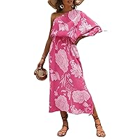 Womens Summer Dresses Tropical Print One Shoulder 3/4 Sleeve A-Line Long Dress