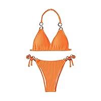 WDIRARA Girl's 2 Piece Bikini Sets Textured Ring Linked Halter Triangle Swimwear Summer Casual Plain Swimsuit Sets