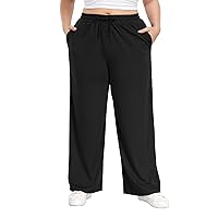 Women's Plus Size Casual Pants Elastic Waist Wide Leg Loose Fit Pajama Drawstring Home Pants with Pockets