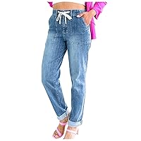 Gumipy Women Pull On Denim Joggers Elastic Waist Stretch Drawstring Jeans with Pocket Casual Baggy Jeans Cropped Jeans