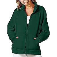 Womens Solid Color Zip Up Outwear with Pockets Long Sleeve Stand Collar Sweatshirts Jackets 2023 Casual Loose Tops