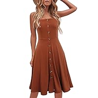 Berydress Women's Casual Beach Summer Dresses Solid Cotton Flattering A-Line Spaghetti Strap Button Down Midi Sundress