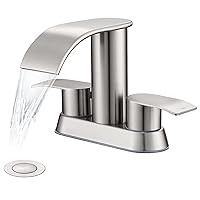 Waterfall Bathroom Sink Faucet Brushed Nickel, Two Handles Bathroom Faucet with Metal Pop up Sink Drain Stopper, Two Or 3 Holes Bathroom Basin Lavatory Mixer Tap with Deck Mount Plate