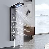 Bathroom Shower Panel Tower System LED Temperature Display Body Massage Jets Shower Set Waterfall Rain Shower Head 6 Functions Temperature Display-Black