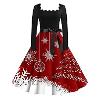 Women's Elegant Christmas Party Dresses 2023 Vintage Print Long Sleeve Square Neck Waist Lace-Up A-Line Flare Dress