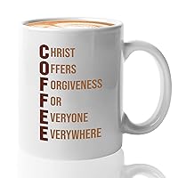 Christian Coffee Mug 11oz White - Christ Offers Forgiveness for Everyone Everywhere - Jesus Cross Humor Coffee Abbreviation
