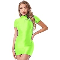 Women's Sexy Oil Glossy Shiny Semi Sheer Micro Mini Dress Bodycon Sexy Tight T-Shirt Pencil Dress Fluorescent Green Medium