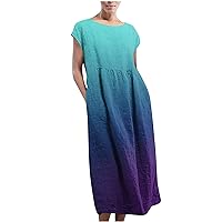 Women's Maxi Pockets Linen Dress Summer Casual Sundress Sleeveless Gradient Kaftan Long Dresses Hawaiian Beach Dress
