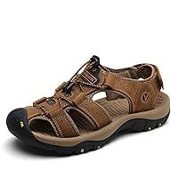 Men's Leather Cowhide Sandals, Beach Sandals, Casual Sports Shoes, Outdoor Hiking Sandals (US 10.5,Brown)
