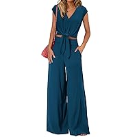 PRETTYGARDEN Women's Summer 2 Piece Outfits 2024 Cap Sleeve V Neck Belted Crop Tops Wide Leg Pant Sets Casual Tracksuit