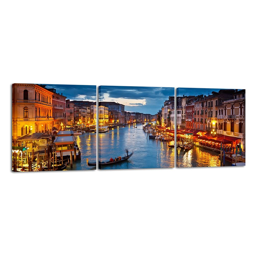 Wieco Art Venice Night 3 Piece Giclee Canvas Prints Wall Art Italy City Skyline Landscape Picture Paintings for Living Room Bedroom Home Decoration...